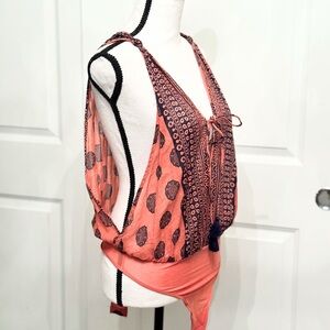 Free People Low Cut Muted Apricot Navy Bodysuit Tank Top Blouse, Size XS